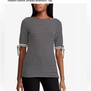 Ralph Lauren Ribbon-Sleeve Striped Boatneck Top Sz M